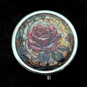 Rose and Stained Glass Pill Holder with Mirror - Measures 2"